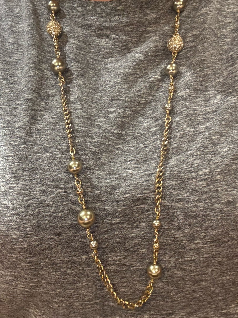 Gold-Tone Beaded Long Necklace with Filigree Spheres - Gold